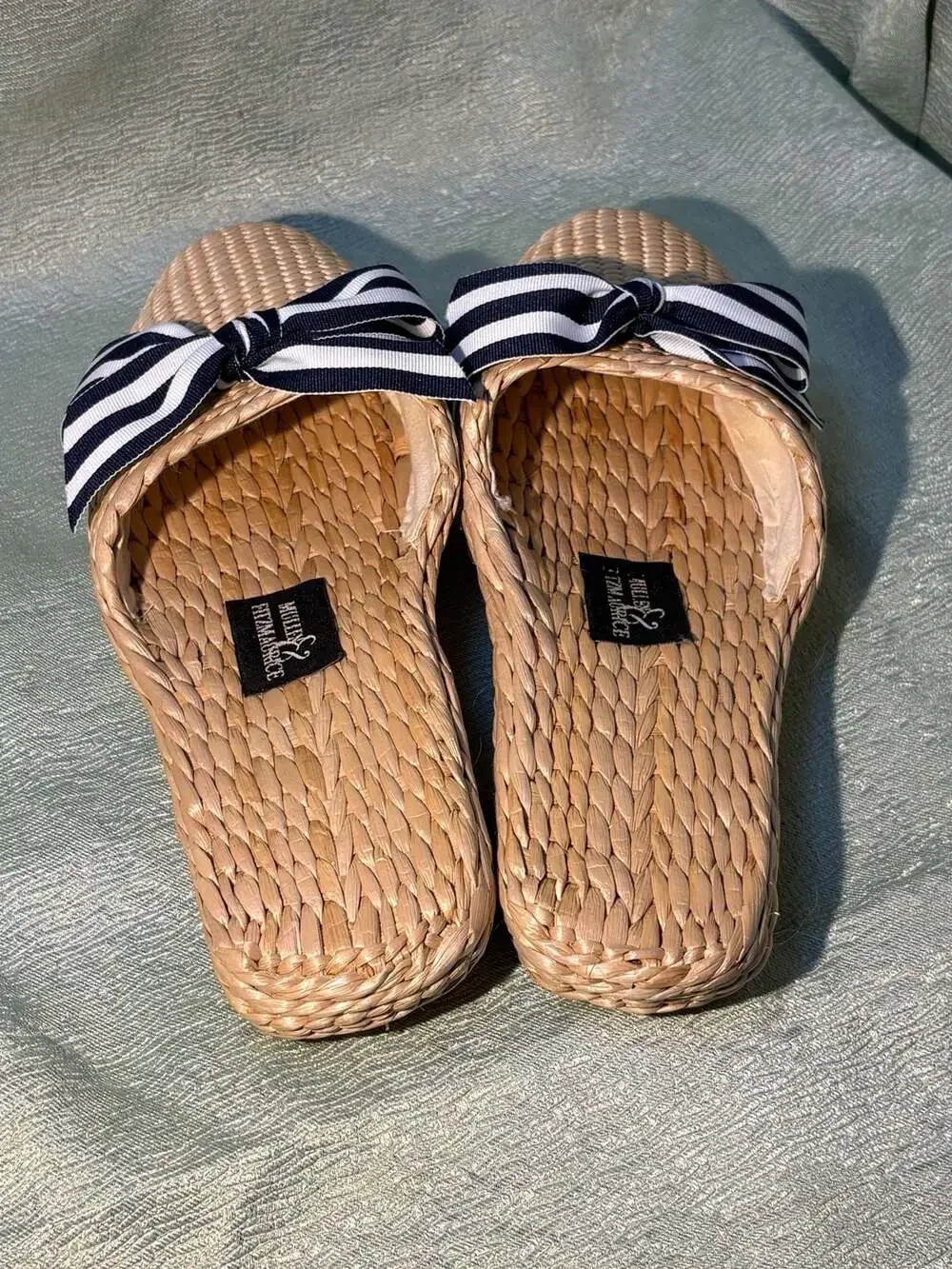 Mullen & Fitzmaurice Woven Straw Beach Sandals with Blue and White Striped Bow